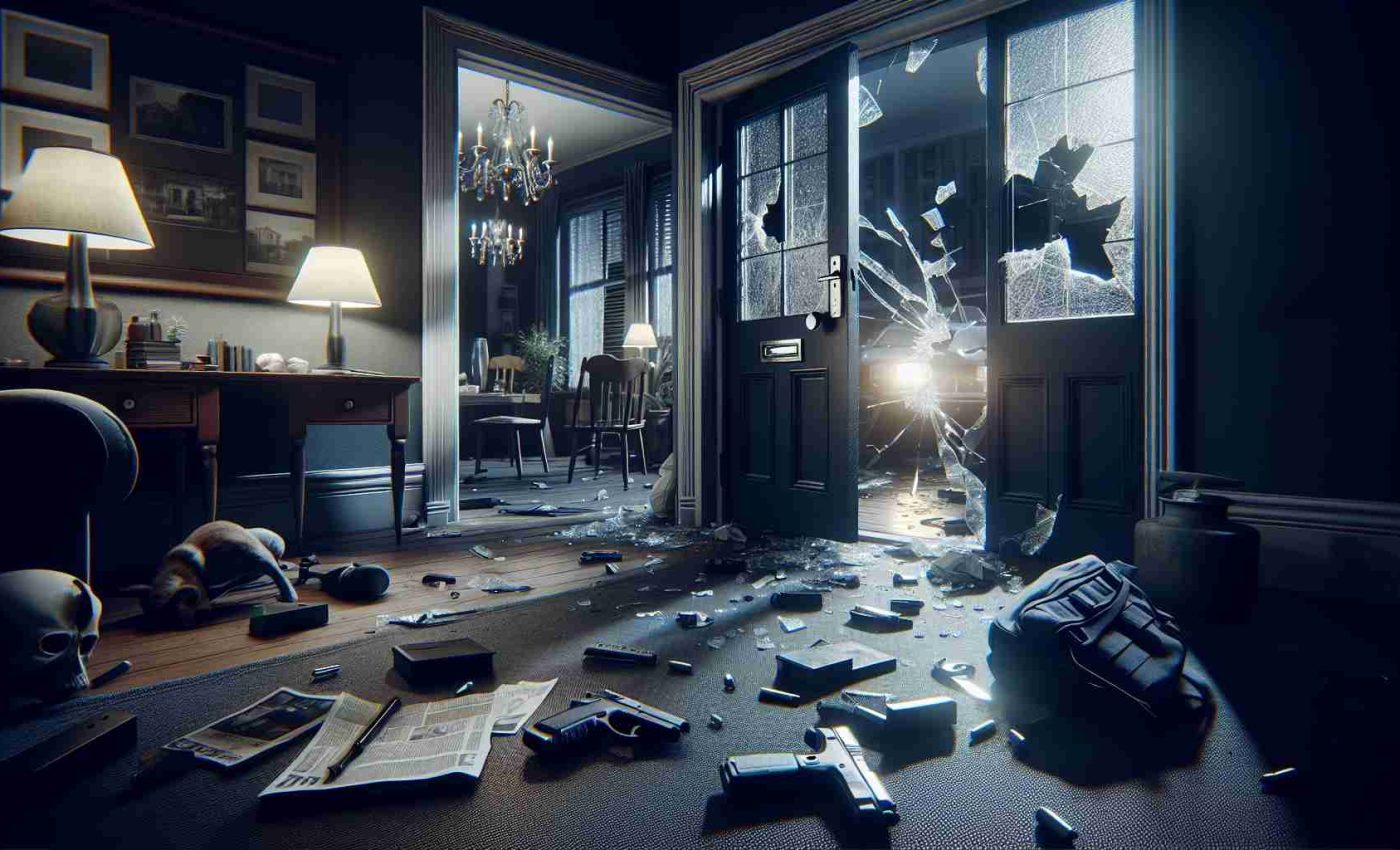 A dramatic high definition representation of a news headline depicting a serious crime event. The scene shows broken windows, a door ajar, and items strewn about in chaos. The visual focus is on untouched evidence such as a dropped weapon, all taking place in a residential setting. No human presence is shown. Convey a sense of fear and urgency. Note: The scene doesn't depict any violence or human harm directly, just the aftermath of a serious event.