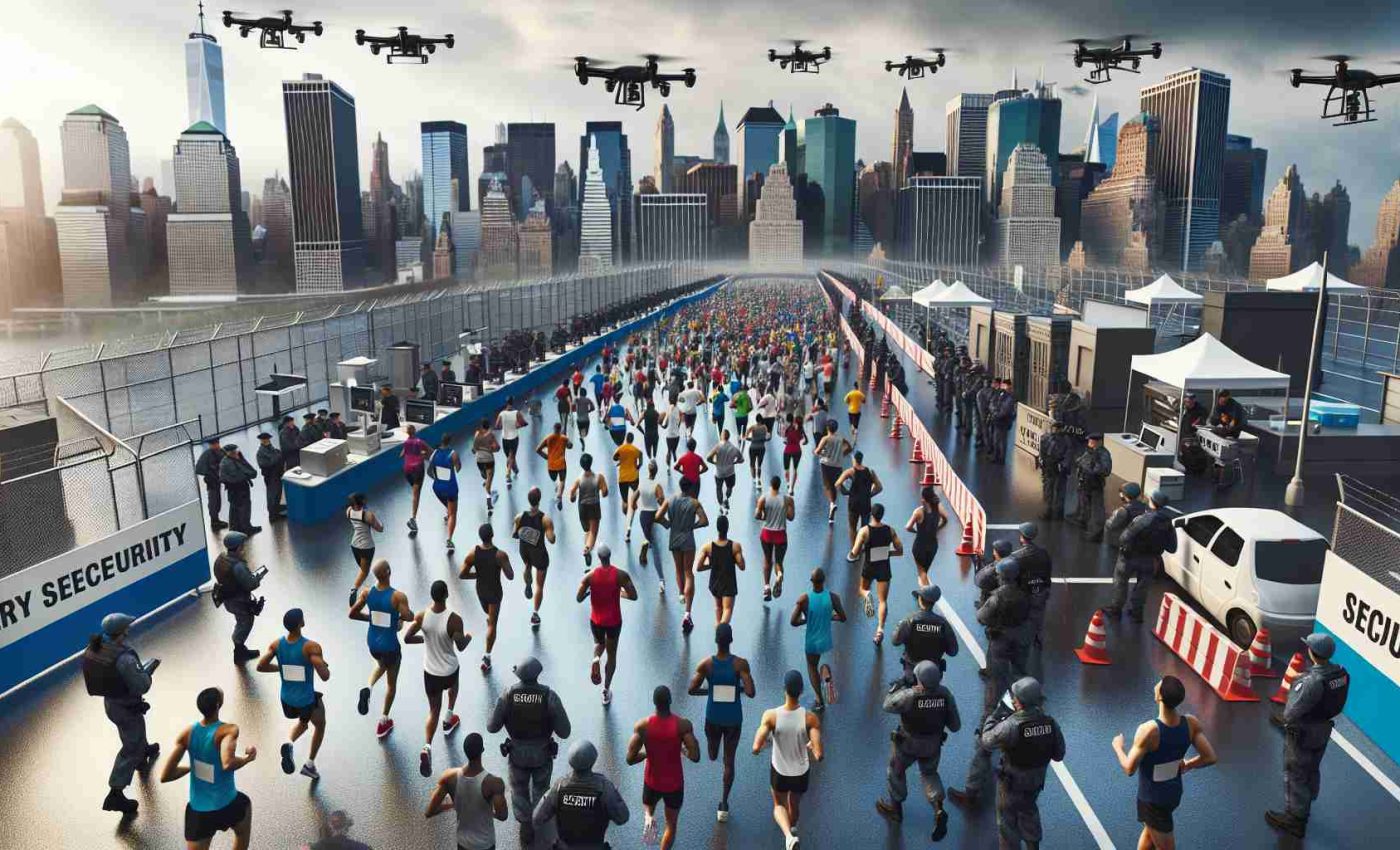 A high-definition, realistic image of exceptional security measures being taken for a significant marathon event in a major city that resembles NYC. This should include various elements like stringent checkpoints, security personnel of different descents and genders, surveillance equipment like drones and CCTVs, bag check areas, and barricades around the route. Also, a group of diverse male and female marathon runners (Asian, Hispanic, Caucasian, Black, Middle-Eastern, South Asian) preparing or getting information about the security measures. There should be a sense of safety and organization.