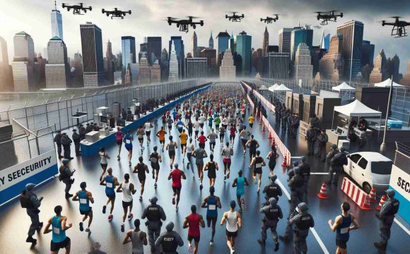 A high-definition, realistic image of exceptional security measures being taken for a significant marathon event in a major city that resembles NYC. This should include various elements like stringent checkpoints, security personnel of different descents and genders, surveillance equipment like drones and CCTVs, bag check areas, and barricades around the route. Also, a group of diverse male and female marathon runners (Asian, Hispanic, Caucasian, Black, Middle-Eastern, South Asian) preparing or getting information about the security measures. There should be a sense of safety and organization.