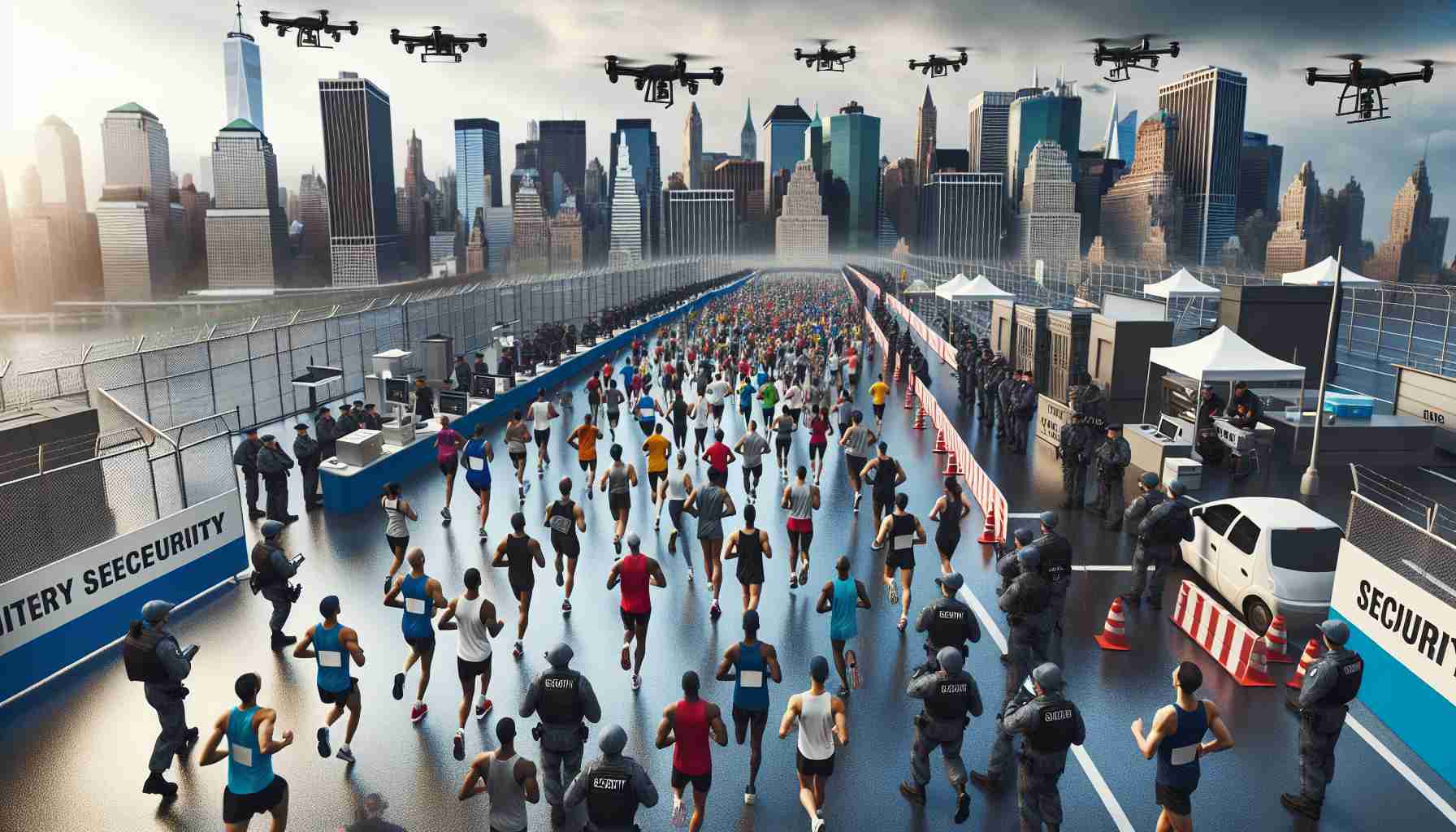 A high-definition, realistic image of exceptional security measures being taken for a significant marathon event in a major city that resembles NYC. This should include various elements like stringent checkpoints, security personnel of different descents and genders, surveillance equipment like drones and CCTVs, bag check areas, and barricades around the route. Also, a group of diverse male and female marathon runners (Asian, Hispanic, Caucasian, Black, Middle-Eastern, South Asian) preparing or getting information about the security measures. There should be a sense of safety and organization.