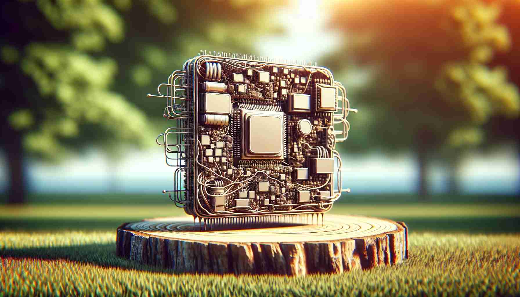 Portray a realistic and highly detailed image of a small, innovative machine, labeled as the 'Super Micro Computer'. This device should appear intricate and cutting-edge, conveying through its visual design that it has the potential to revolutionize the way we perceive and use technology. Depict a serene environment around it to emphasize its significance.