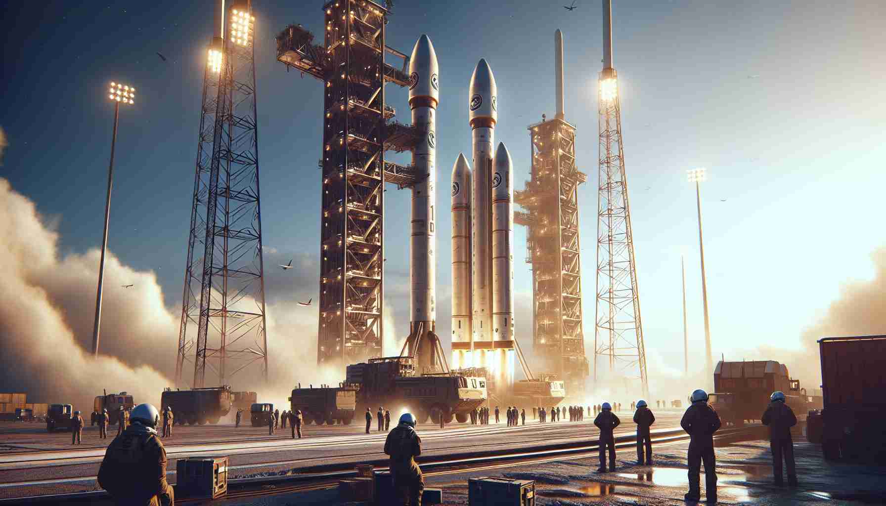 A high-definition realistic image depicting a space operation scene. Two rockets are set to launch, both emblazing the emblem of a private space exploration company. It's the weekend and the air around the launch site buzzes with anticipation as the countdown begins. The rockets are towering and majestic against the clear blue sky. The ground team, a diverse group of men and women from different descents, cautiously perform their final inspections and adjustments. Strong floodlights throw the scene into sharp relief despite the setting sun. Excitement hangs in the air as the moment of liftoff approaches.