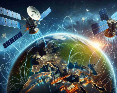 Generate a realistic ultra-high definition image with an illustration of the commercial satellite industry revolutionizing various sectors. The scene includes two satellites orbiting the earth, with bundled cables reaching down to different parts of the globus - an agricultural field showing precise irrigation systems, a cityscape reflecting optimized utilities, and a shipping harbor indicating improved navigation systems. Include the vividly blue Earth in the background under a starry sky, indicating the vastness of space. Overlay the text 'The Sky's the Limit' in futuristic clean typography across the top.