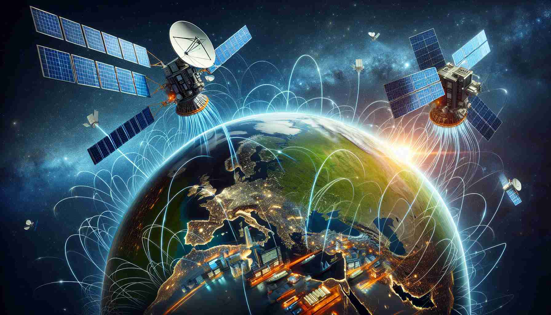 Generate a realistic ultra-high definition image with an illustration of the commercial satellite industry revolutionizing various sectors. The scene includes two satellites orbiting the earth, with bundled cables reaching down to different parts of the globus - an agricultural field showing precise irrigation systems, a cityscape reflecting optimized utilities, and a shipping harbor indicating improved navigation systems. Include the vividly blue Earth in the background under a starry sky, indicating the vastness of space. Overlay the text 'The Sky's the Limit' in futuristic clean typography across the top.