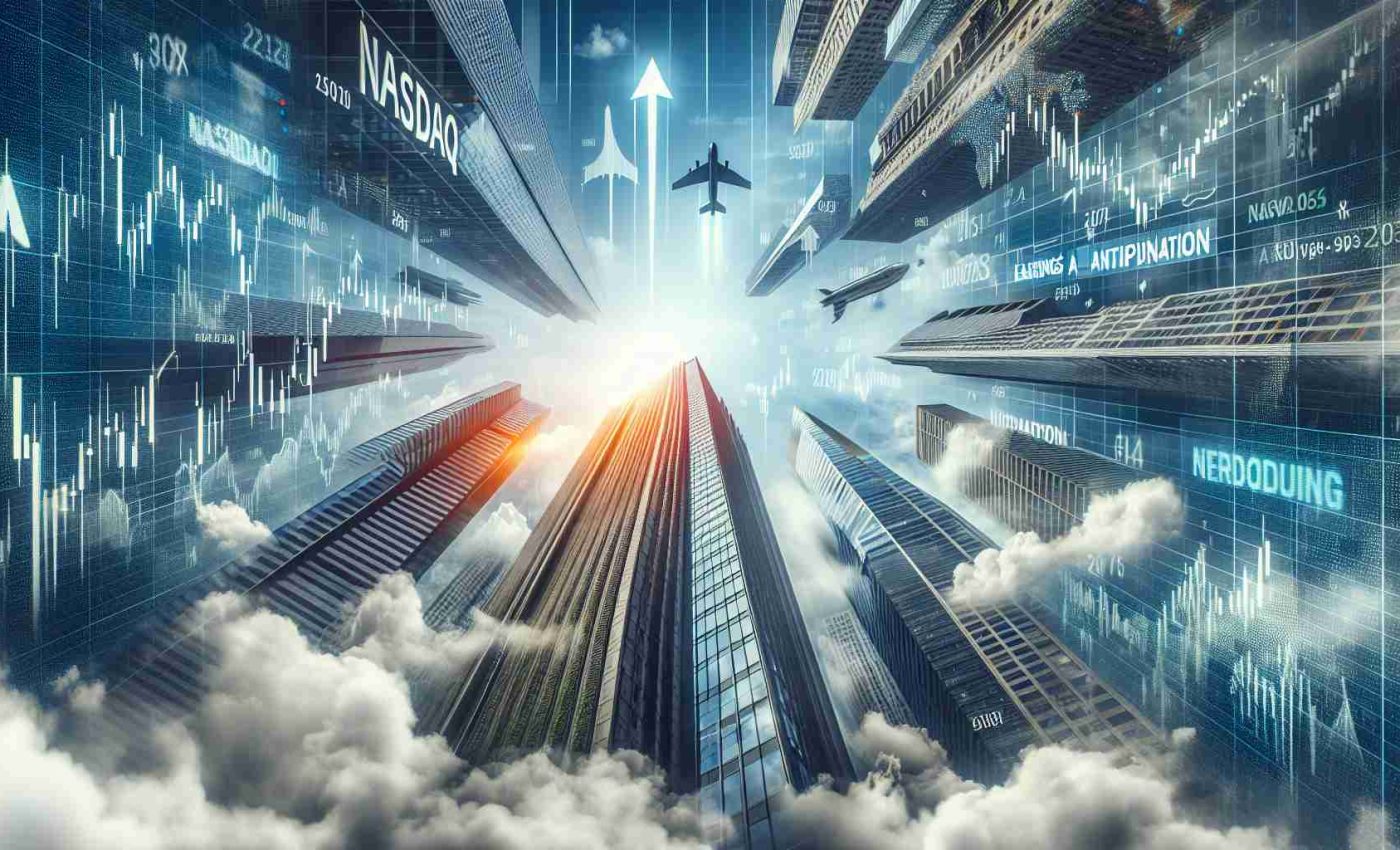 A realistic high-definition picture showcasing the symbolic representation of the 'Nasdaq' index ascending to unparalleled heights. Incorporate a dynamic scene of technology-themed high-rise buildings to signify the tech titans. Have the skyscrapers reach above the clouds, indicating soaring values. Let there be headlines floating around in the sky that read 'Earnings Anticipation', representing buzz and excitement in the financial market.