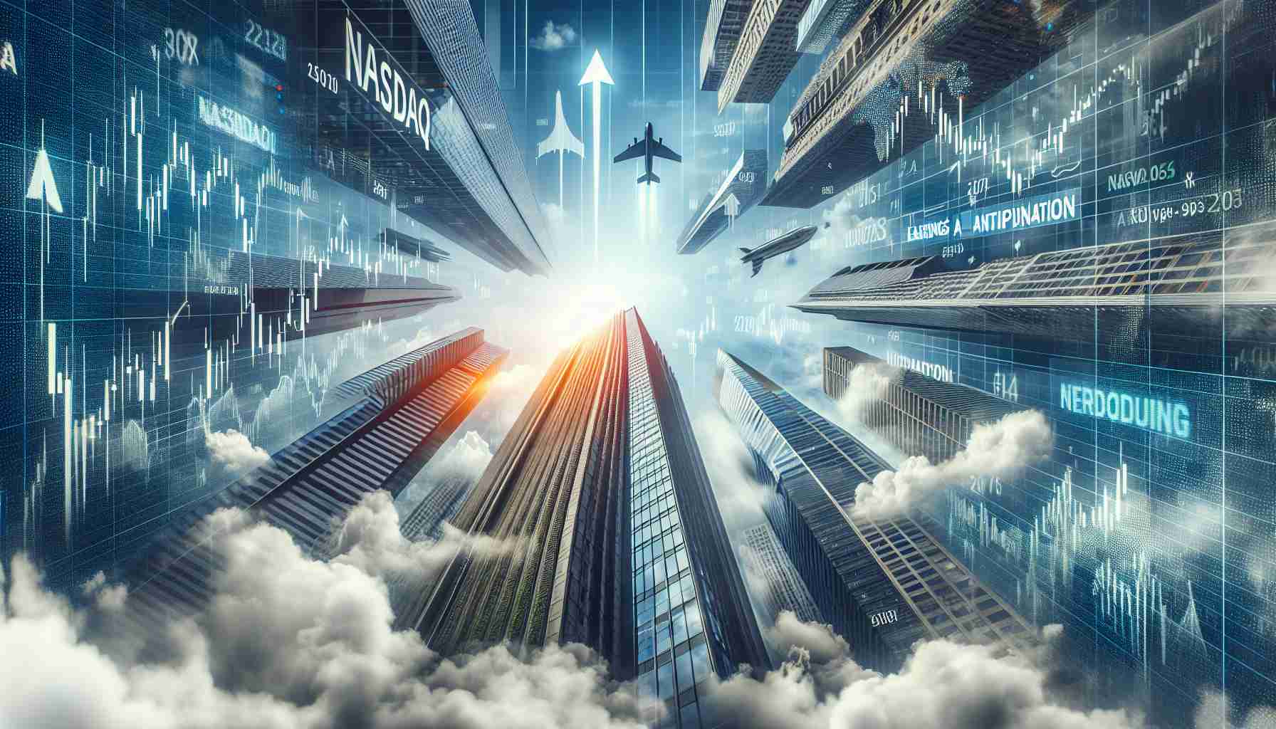 A realistic high-definition picture showcasing the symbolic representation of the 'Nasdaq' index ascending to unparalleled heights. Incorporate a dynamic scene of technology-themed high-rise buildings to signify the tech titans. Have the skyscrapers reach above the clouds, indicating soaring values. Let there be headlines floating around in the sky that read 'Earnings Anticipation', representing buzz and excitement in the financial market.