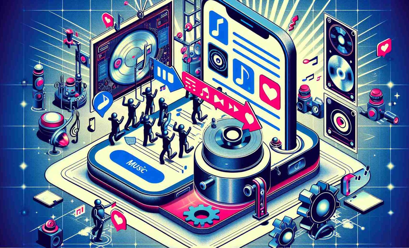 Illustration of a revolutionary music sharing feature in a popular social media app represented in a high definition quality. The image should include an interactive user interface of a fictional social media app with various music control options and sharing capabilities. It should also depict users' excitement and engagement, with virtual reactions being shared across the screen, thereby transforming the overall app usage experience.