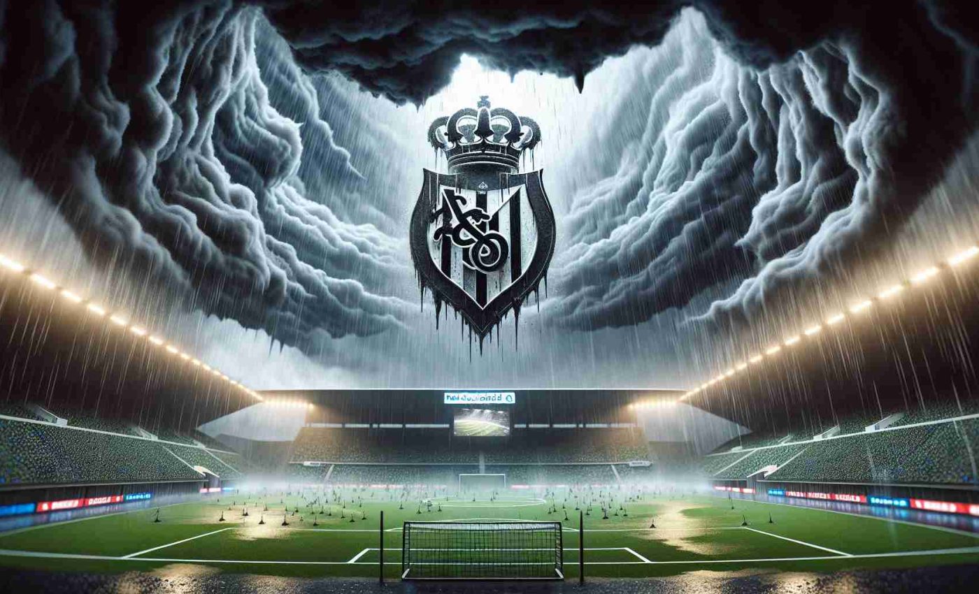 A high definition, realistic rendering of a chaotic weather scene: dark clouds swirl menacingly overhead, prompting an impending sports event to be cancelled. Rain lashes down on an empty stadium, with the emblem of a soccer team, namely 'Real Sociedad', suspended in the air above the empty green field. The billboard in the background ominously announces the postponement of the match.