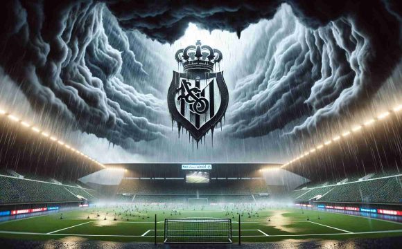 A high definition, realistic rendering of a chaotic weather scene: dark clouds swirl menacingly overhead, prompting an impending sports event to be cancelled. Rain lashes down on an empty stadium, with the emblem of a soccer team, namely 'Real Sociedad', suspended in the air above the empty green field. The billboard in the background ominously announces the postponement of the match.