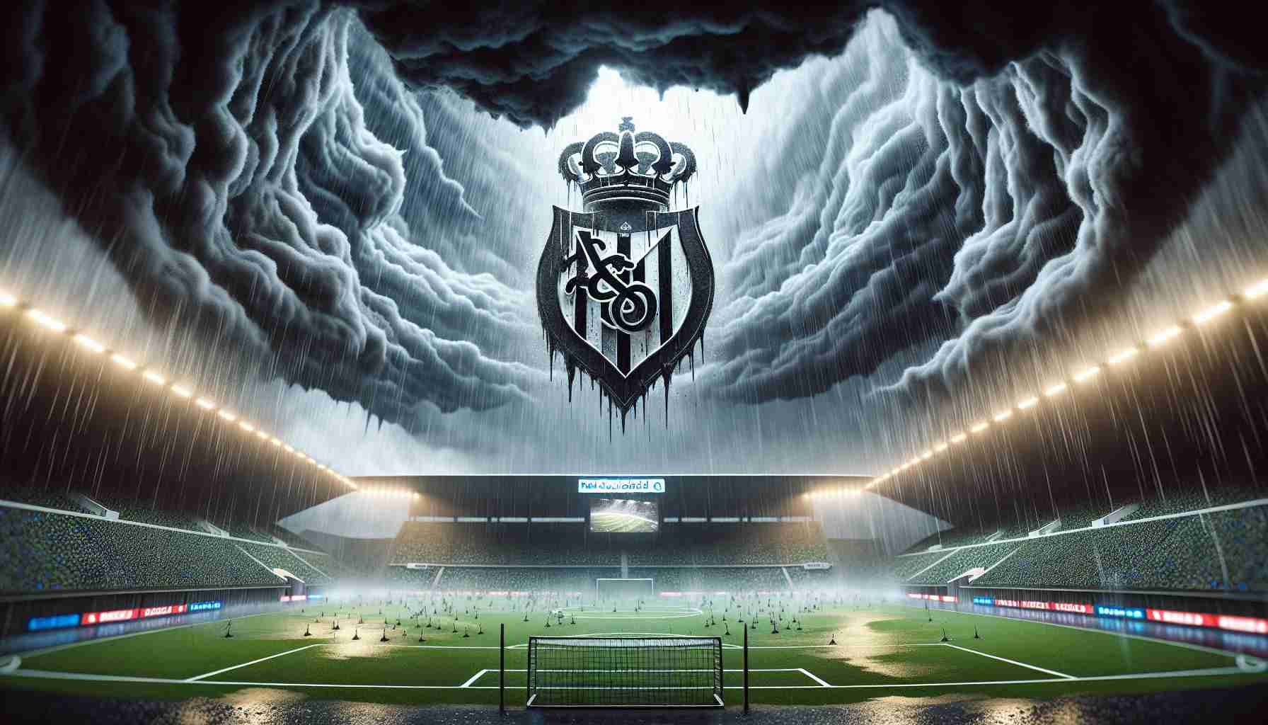 A high definition, realistic rendering of a chaotic weather scene: dark clouds swirl menacingly overhead, prompting an impending sports event to be cancelled. Rain lashes down on an empty stadium, with the emblem of a soccer team, namely 'Real Sociedad', suspended in the air above the empty green field. The billboard in the background ominously announces the postponement of the match.