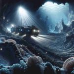 A detailed and realistic high-definition image portraying the unimaginable depths of the ocean as explored by an anonymous space agency's ground-breaking discovery. The scene features intricate marine life forms previously unknown, illuminated by the shimmering lights of deep-sea exploration technology. The explorer vessel, unseen but indicated by its luminous casting lights, reveals astounding depths filled with intricate rock formations and rare marine organisms. The emphasis is on the mystery and breathtaking beauty of the ocean's depths.