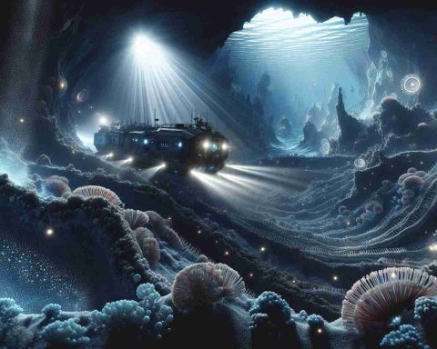 A detailed and realistic high-definition image portraying the unimaginable depths of the ocean as explored by an anonymous space agency's ground-breaking discovery. The scene features intricate marine life forms previously unknown, illuminated by the shimmering lights of deep-sea exploration technology. The explorer vessel, unseen but indicated by its luminous casting lights, reveals astounding depths filled with intricate rock formations and rare marine organisms. The emphasis is on the mystery and breathtaking beauty of the ocean's depths.