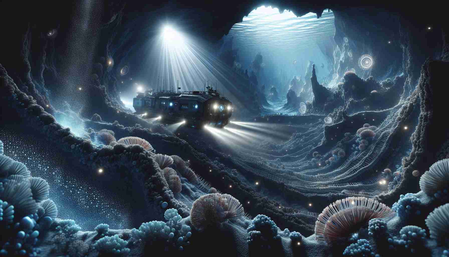 A detailed and realistic high-definition image portraying the unimaginable depths of the ocean as explored by an anonymous space agency's ground-breaking discovery. The scene features intricate marine life forms previously unknown, illuminated by the shimmering lights of deep-sea exploration technology. The explorer vessel, unseen but indicated by its luminous casting lights, reveals astounding depths filled with intricate rock formations and rare marine organisms. The emphasis is on the mystery and breathtaking beauty of the ocean's depths.