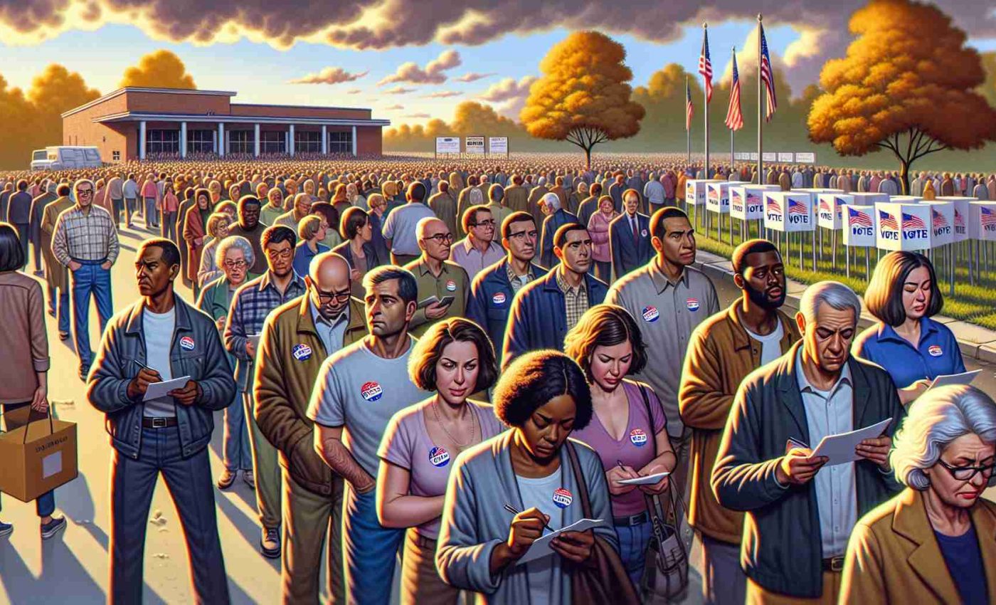 Depict a realistic, high-definition scene that encapsulates the atmosphere of record voter turnout in a place like DeKalb County without resorting to realism. Show long lines of diverse, gender-balanced voters comprising a mix of Caucasians, Hispanics, Blacks, Middle-Eastern, and South Asian individuals. Their determined expressions speak to the significance of the day. Reflect clear skies and an amiable weather adding to the orderly manner of the election day. Include polling booths, volunteers, directional signs, ample parking, and appropriate safety measures. Capture the tranquil chaos, heightened emotion, and civic duty.