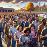 Depict a realistic, high-definition scene that encapsulates the atmosphere of record voter turnout in a place like DeKalb County without resorting to realism. Show long lines of diverse, gender-balanced voters comprising a mix of Caucasians, Hispanics, Blacks, Middle-Eastern, and South Asian individuals. Their determined expressions speak to the significance of the day. Reflect clear skies and an amiable weather adding to the orderly manner of the election day. Include polling booths, volunteers, directional signs, ample parking, and appropriate safety measures. Capture the tranquil chaos, heightened emotion, and civic duty.