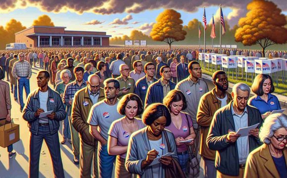 Depict a realistic, high-definition scene that encapsulates the atmosphere of record voter turnout in a place like DeKalb County without resorting to realism. Show long lines of diverse, gender-balanced voters comprising a mix of Caucasians, Hispanics, Blacks, Middle-Eastern, and South Asian individuals. Their determined expressions speak to the significance of the day. Reflect clear skies and an amiable weather adding to the orderly manner of the election day. Include polling booths, volunteers, directional signs, ample parking, and appropriate safety measures. Capture the tranquil chaos, heightened emotion, and civic duty.