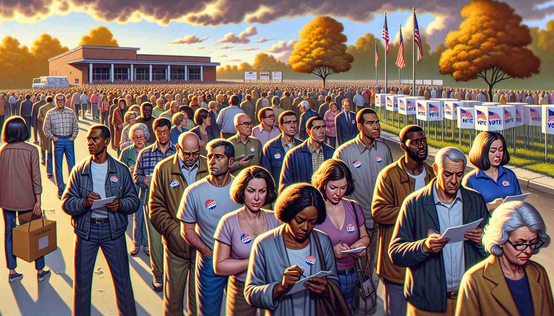 Depict a realistic, high-definition scene that encapsulates the atmosphere of record voter turnout in a place like DeKalb County without resorting to realism. Show long lines of diverse, gender-balanced voters comprising a mix of Caucasians, Hispanics, Blacks, Middle-Eastern, and South Asian individuals. Their determined expressions speak to the significance of the day. Reflect clear skies and an amiable weather adding to the orderly manner of the election day. Include polling booths, volunteers, directional signs, ample parking, and appropriate safety measures. Capture the tranquil chaos, heightened emotion, and civic duty.