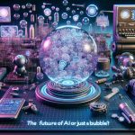 An ultra high definition rendition of a scene potentially depicting the future of artificial intelligence, displaying assorted advanced technologies and futuristic devices. Accompanying text overlaid on this scene reads 'The Future of AI or Just a Bubble?'