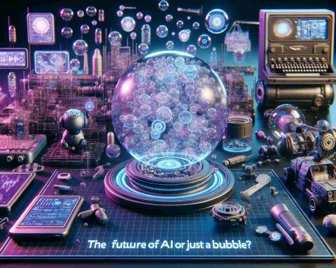 An ultra high definition rendition of a scene potentially depicting the future of artificial intelligence, displaying assorted advanced technologies and futuristic devices. Accompanying text overlaid on this scene reads 'The Future of AI or Just a Bubble?'