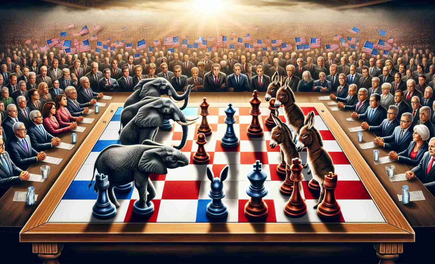 A high-definition, realistic illustration showcasing a metaphorical scene of political rivalry heating up with the upcoming elections. In the middle, a chessboard with the pieces arranged in an intense gameplay, representing strategic positioning. On one side, an elephant symbolizing one political party, and on the other side, a donkey representing the other political party. There's a large crowd gathered around, eagerly watching the game progress, their expressions reflecting anticipation and tension. Note: the elephant and donkey symbols are traditional representations for US political parties.