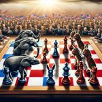 A high-definition, realistic illustration showcasing a metaphorical scene of political rivalry heating up with the upcoming elections. In the middle, a chessboard with the pieces arranged in an intense gameplay, representing strategic positioning. On one side, an elephant symbolizing one political party, and on the other side, a donkey representing the other political party. There's a large crowd gathered around, eagerly watching the game progress, their expressions reflecting anticipation and tension. Note: the elephant and donkey symbols are traditional representations for US political parties.