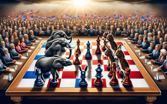 A high-definition, realistic illustration showcasing a metaphorical scene of political rivalry heating up with the upcoming elections. In the middle, a chessboard with the pieces arranged in an intense gameplay, representing strategic positioning. On one side, an elephant symbolizing one political party, and on the other side, a donkey representing the other political party. There's a large crowd gathered around, eagerly watching the game progress, their expressions reflecting anticipation and tension. Note: the elephant and donkey symbols are traditional representations for US political parties.