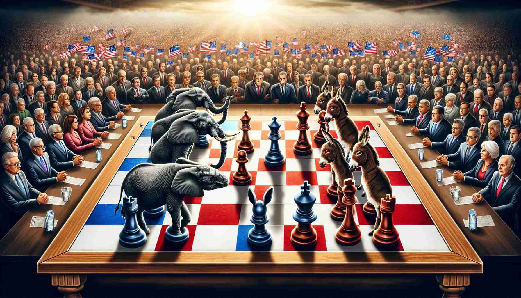 A high-definition, realistic illustration showcasing a metaphorical scene of political rivalry heating up with the upcoming elections. In the middle, a chessboard with the pieces arranged in an intense gameplay, representing strategic positioning. On one side, an elephant symbolizing one political party, and on the other side, a donkey representing the other political party. There's a large crowd gathered around, eagerly watching the game progress, their expressions reflecting anticipation and tension. Note: the elephant and donkey symbols are traditional representations for US political parties.