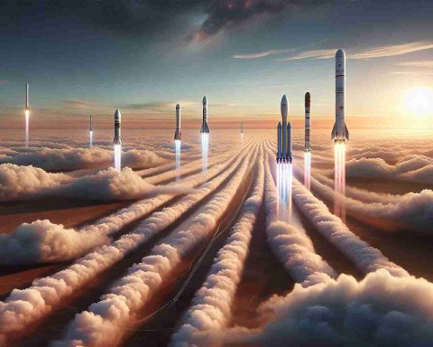 A high-definition, realistic picture portraying a fascinating scene in the sky - multiple rockets from various private space companies racing upwards amidst the clouds. The rockets are sleek and contemporary, leaving trails of smoke as they ascend. The sky is a stunning mix of orange and pink hues, suggesting either a sunrise or sunset. The ground below offers a contrast with its tranquil, earthly tones.