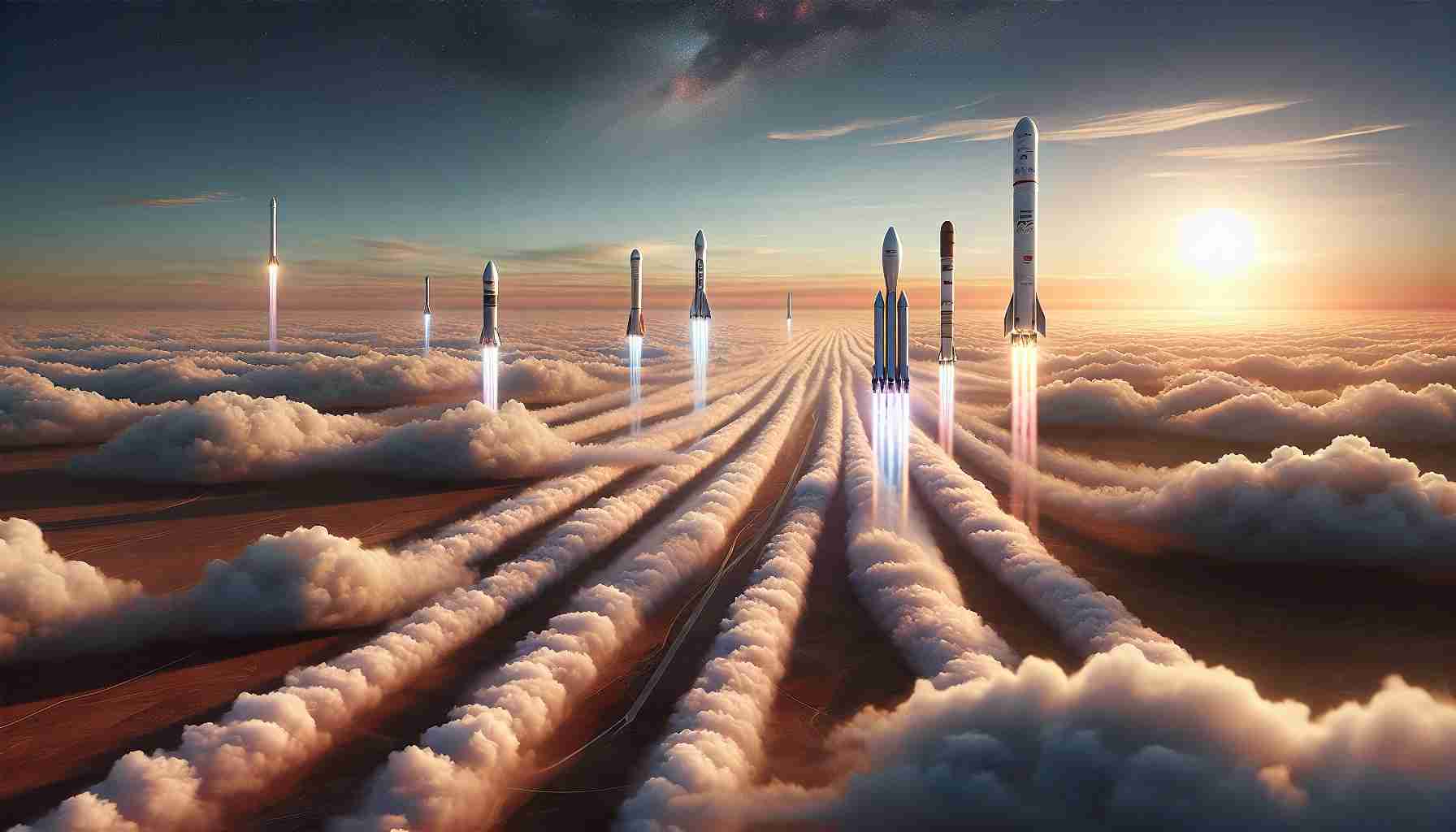 A high-definition, realistic picture portraying a fascinating scene in the sky - multiple rockets from various private space companies racing upwards amidst the clouds. The rockets are sleek and contemporary, leaving trails of smoke as they ascend. The sky is a stunning mix of orange and pink hues, suggesting either a sunrise or sunset. The ground below offers a contrast with its tranquil, earthly tones.