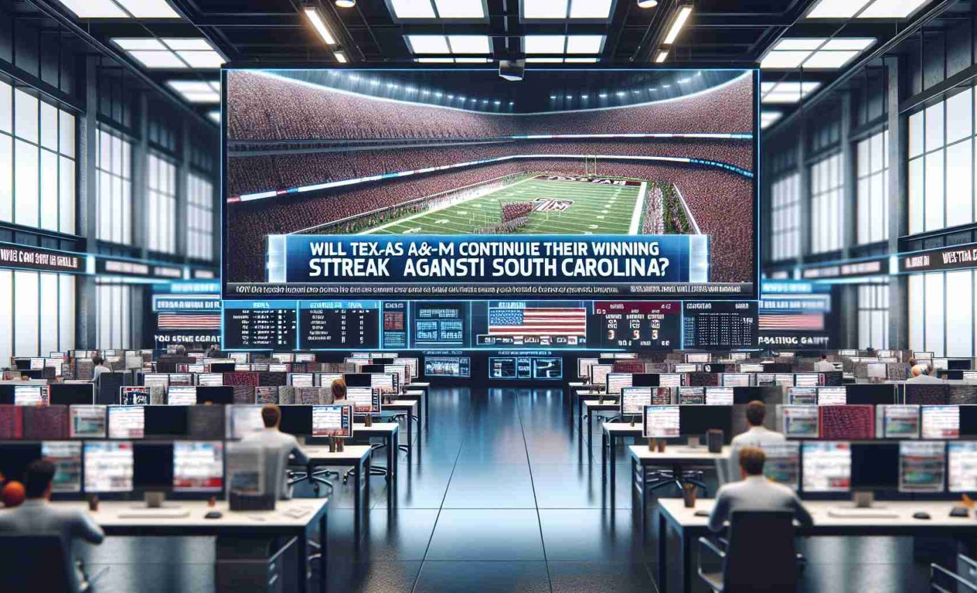 Realistic high-definition photo of a large headline showing the words 'Will Texas A&M Continue Their Winning Streak Against South Carolina?' against a backdrop of a bustling sports newsroom, with screens displaying various sports stats. The headline suggests an imminent American college football match, capturing the anticipation and excitement typically surrounding such events.