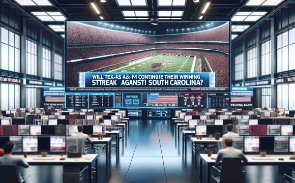 Realistic high-definition photo of a large headline showing the words 'Will Texas A&M Continue Their Winning Streak Against South Carolina?' against a backdrop of a bustling sports newsroom, with screens displaying various sports stats. The headline suggests an imminent American college football match, capturing the anticipation and excitement typically surrounding such events.