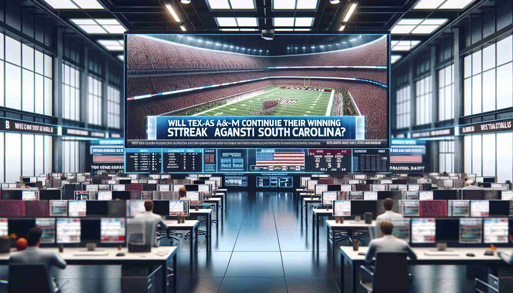 Realistic high-definition photo of a large headline showing the words 'Will Texas A&M Continue Their Winning Streak Against South Carolina?' against a backdrop of a bustling sports newsroom, with screens displaying various sports stats. The headline suggests an imminent American college football match, capturing the anticipation and excitement typically surrounding such events.