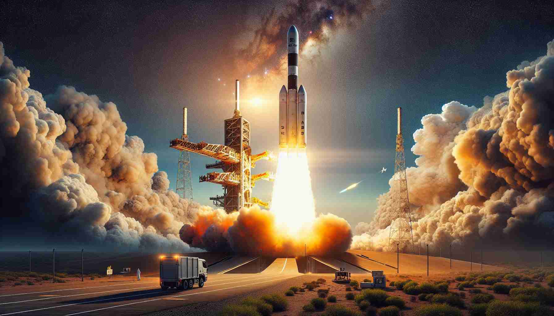 Create a high-definition, realistic image showing a notable rocket launch by a private space exploration company, setting a new record. In this scenario, the rocket is launching a significant Gsat-20 satellite, specifically from India, into Earth's orbit. The sky is clear, the rocket is blasting off from the launch pad with vibrant flames and smokes trailing behind, whilst ground equipment and operating team stand at a safe distance, encapsulating the monumental momentum of the space exploration era.