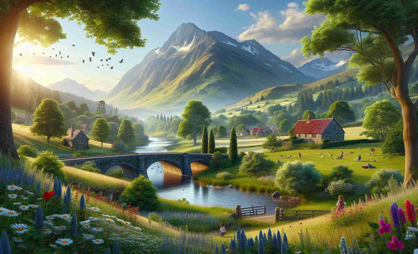 Realistic, high-definition landscape including a rugged mountain range under a clear blue sky, a lush green meadow in the foreground abundant with wildflowers, a winding river glimmering under the sun's rays, dotted with a diverse variety of bird species merrily chirping away, while few mature woodland trees elegantly frame the scene. Include in the scene, a charming old stone bridge crossing the river with red tiled roofed rustic cottages sprinkled around and children merrily playing in the vicinity, representative of diverse ethnic backgrounds.