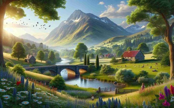 Realistic, high-definition landscape including a rugged mountain range under a clear blue sky, a lush green meadow in the foreground abundant with wildflowers, a winding river glimmering under the sun's rays, dotted with a diverse variety of bird species merrily chirping away, while few mature woodland trees elegantly frame the scene. Include in the scene, a charming old stone bridge crossing the river with red tiled roofed rustic cottages sprinkled around and children merrily playing in the vicinity, representative of diverse ethnic backgrounds.