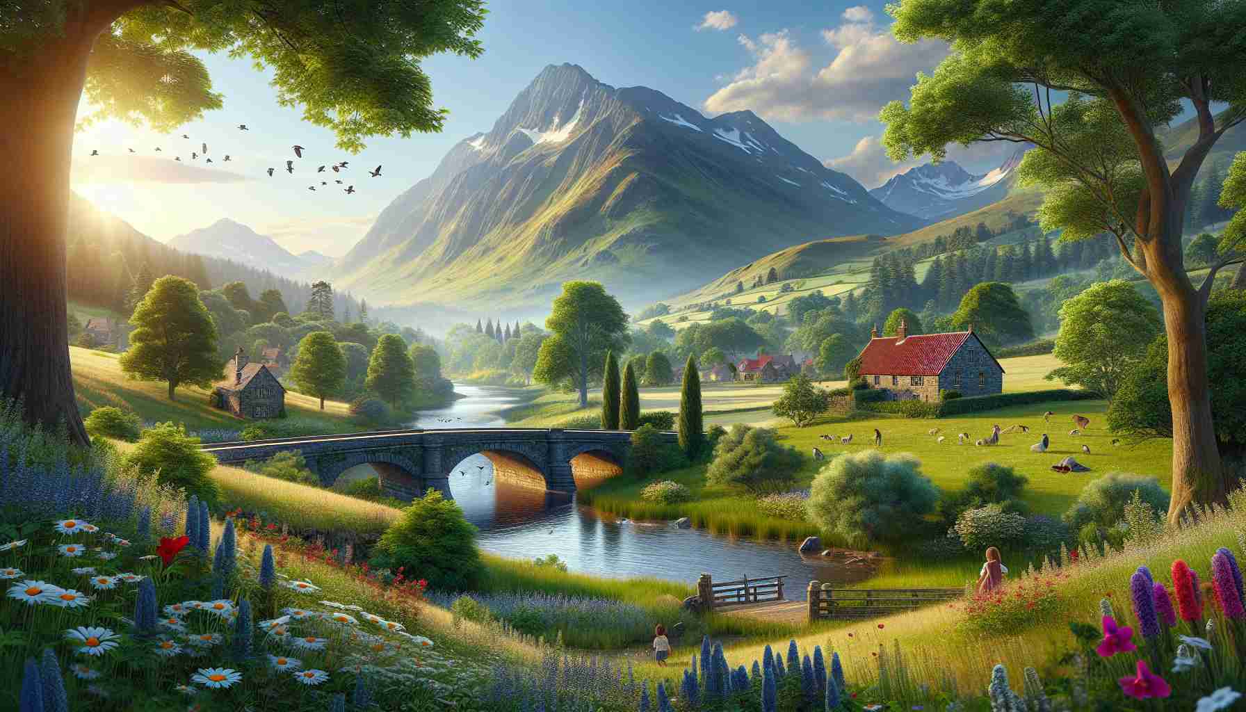 Realistic, high-definition landscape including a rugged mountain range under a clear blue sky, a lush green meadow in the foreground abundant with wildflowers, a winding river glimmering under the sun's rays, dotted with a diverse variety of bird species merrily chirping away, while few mature woodland trees elegantly frame the scene. Include in the scene, a charming old stone bridge crossing the river with red tiled roofed rustic cottages sprinkled around and children merrily playing in the vicinity, representative of diverse ethnic backgrounds.