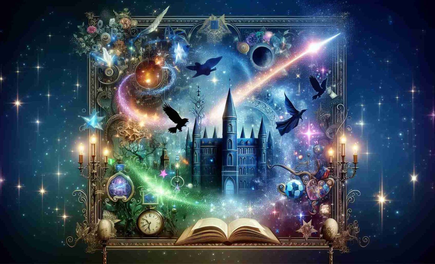 Generate a high-definition image showcasing the announcement of a new fantastical TV series set in a universe of magic and wizardry. The image should capture the exciting atmosphere of a new beginning, displaying elements like a magical school, enchanted objects, and mystical creatures.