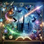 Generate a high-definition image showcasing the announcement of a new fantastical TV series set in a universe of magic and wizardry. The image should capture the exciting atmosphere of a new beginning, displaying elements like a magical school, enchanted objects, and mystical creatures.