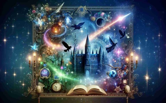 Generate a high-definition image showcasing the announcement of a new fantastical TV series set in a universe of magic and wizardry. The image should capture the exciting atmosphere of a new beginning, displaying elements like a magical school, enchanted objects, and mystical creatures.