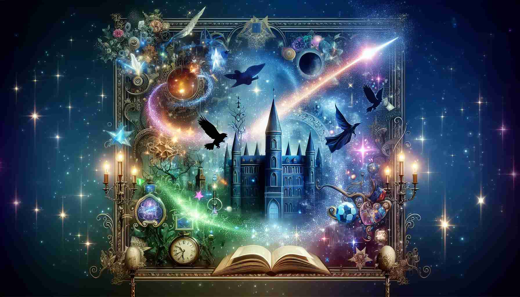 Generate a high-definition image showcasing the announcement of a new fantastical TV series set in a universe of magic and wizardry. The image should capture the exciting atmosphere of a new beginning, displaying elements like a magical school, enchanted objects, and mystical creatures.