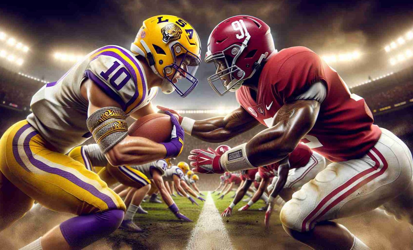 Detailed, high-definition image depicting a pivotal moment in a collegiate American football game, with one team in gold and purple uniforms symbolizing Louisiana State University, and the opposing team in crimson and white uniforms symbolizing Alabama. Both teams are engaged in a high-stakes, passionate clash, epitomizing their dreams of the championship.