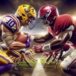 Detailed, high-definition image depicting a pivotal moment in a collegiate American football game, with one team in gold and purple uniforms symbolizing Louisiana State University, and the opposing team in crimson and white uniforms symbolizing Alabama. Both teams are engaged in a high-stakes, passionate clash, epitomizing their dreams of the championship.