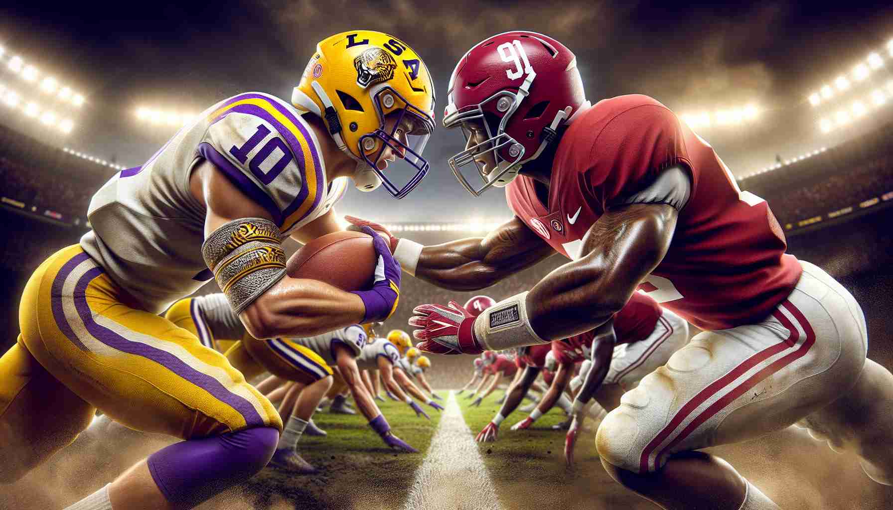 Detailed, high-definition image depicting a pivotal moment in a collegiate American football game, with one team in gold and purple uniforms symbolizing Louisiana State University, and the opposing team in crimson and white uniforms symbolizing Alabama. Both teams are engaged in a high-stakes, passionate clash, epitomizing their dreams of the championship.