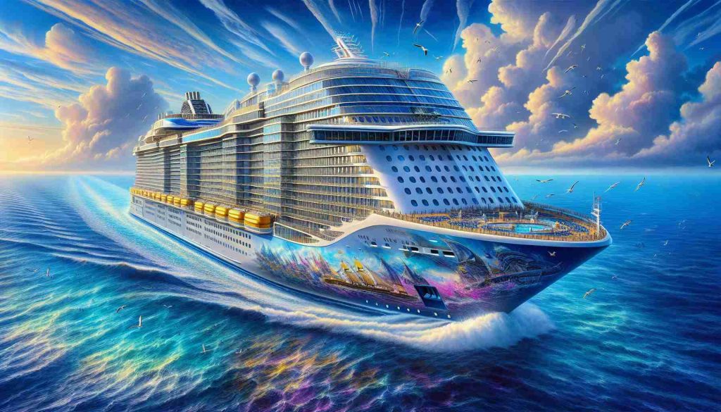 A detailed, high-definition image of a grand, contemporary cruise ship embarking on a voyage for adventure. It's set against a vibrant backdrop, capturing the moment it sets sail towards the Americas. The ship is bedecked with a multitude of bright, appealing colours and equipped with numerous futuristic amenities. As it slices through the expansive ocean, a smattering of seagulls and feathery clouds dot the magnificent azure sky above. Please do not include any copyrighted characters or symbols in this image. Instead, focus on bringing to life the thrilling sense of journey and exploration associated with a modern cruise ship adventure.