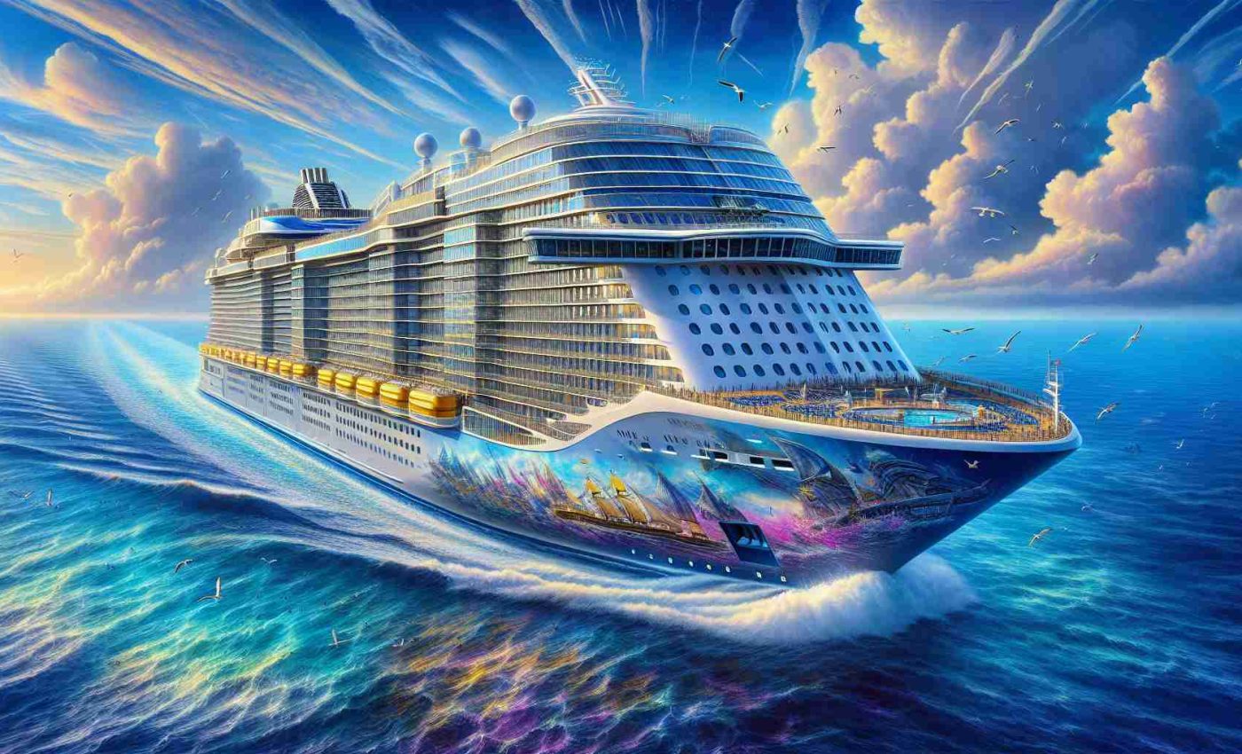 A detailed, high-definition image of a grand, contemporary cruise ship embarking on a voyage for adventure. It's set against a vibrant backdrop, capturing the moment it sets sail towards the Americas. The ship is bedecked with a multitude of bright, appealing colours and equipped with numerous futuristic amenities. As it slices through the expansive ocean, a smattering of seagulls and feathery clouds dot the magnificent azure sky above. Please do not include any copyrighted characters or symbols in this image. Instead, focus on bringing to life the thrilling sense of journey and exploration associated with a modern cruise ship adventure.