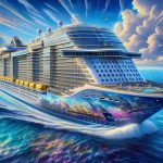 A detailed, high-definition image of a grand, contemporary cruise ship embarking on a voyage for adventure. It's set against a vibrant backdrop, capturing the moment it sets sail towards the Americas. The ship is bedecked with a multitude of bright, appealing colours and equipped with numerous futuristic amenities. As it slices through the expansive ocean, a smattering of seagulls and feathery clouds dot the magnificent azure sky above. Please do not include any copyrighted characters or symbols in this image. Instead, focus on bringing to life the thrilling sense of journey and exploration associated with a modern cruise ship adventure.