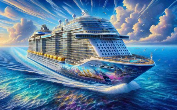 A detailed, high-definition image of a grand, contemporary cruise ship embarking on a voyage for adventure. It's set against a vibrant backdrop, capturing the moment it sets sail towards the Americas. The ship is bedecked with a multitude of bright, appealing colours and equipped with numerous futuristic amenities. As it slices through the expansive ocean, a smattering of seagulls and feathery clouds dot the magnificent azure sky above. Please do not include any copyrighted characters or symbols in this image. Instead, focus on bringing to life the thrilling sense of journey and exploration associated with a modern cruise ship adventure.