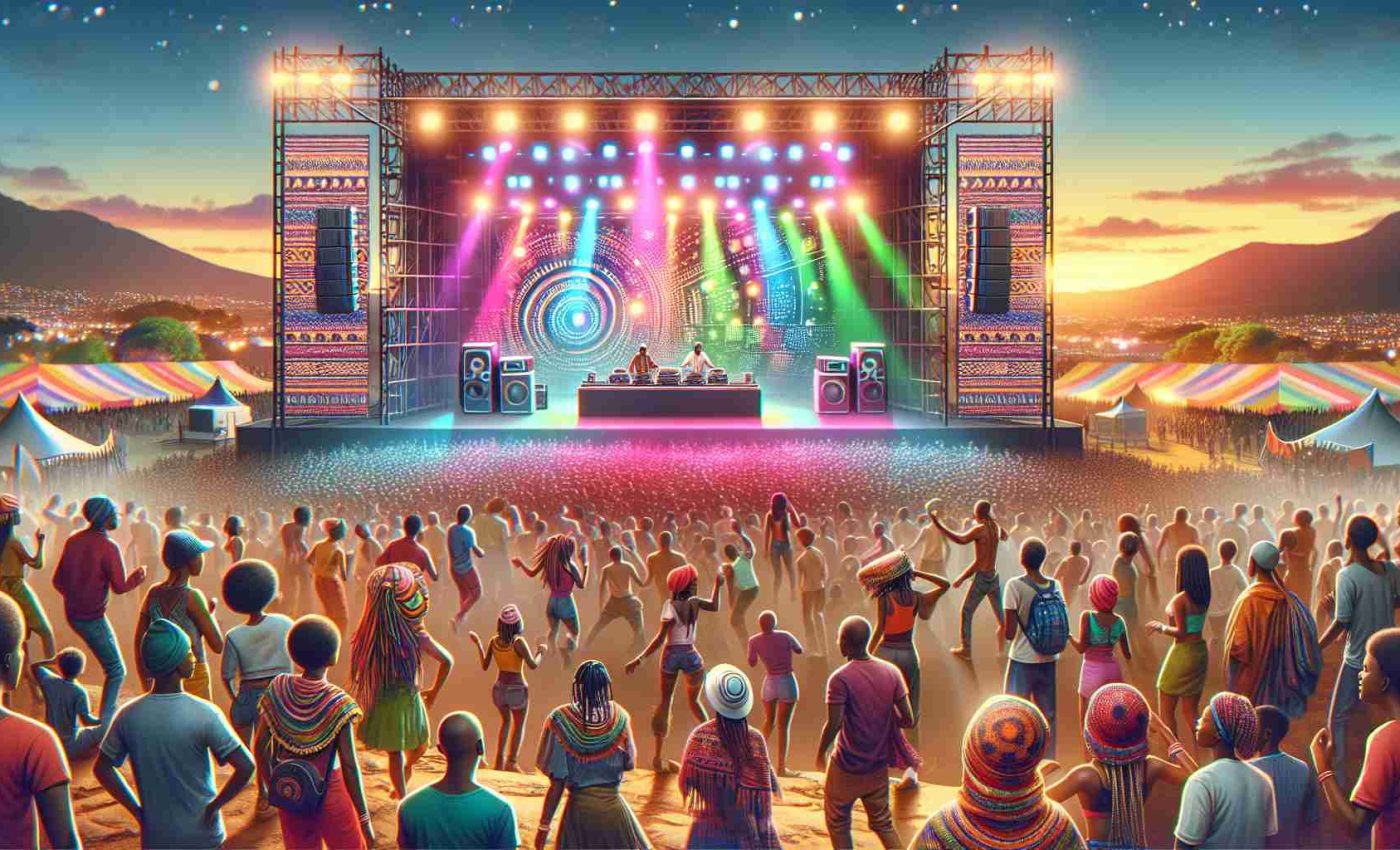 Create a highly detailed and realistic image of a music festival setting in South Africa. Picture a vibrant scene with people of diverse descents dancing to the beat, multi-colored stage lights illuminating the evening sky, and a DJ onstage spinning tracks. The crowd is buzzing with excitement, and music fills the air.