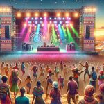 Create a highly detailed and realistic image of a music festival setting in South Africa. Picture a vibrant scene with people of diverse descents dancing to the beat, multi-colored stage lights illuminating the evening sky, and a DJ onstage spinning tracks. The crowd is buzzing with excitement, and music fills the air.