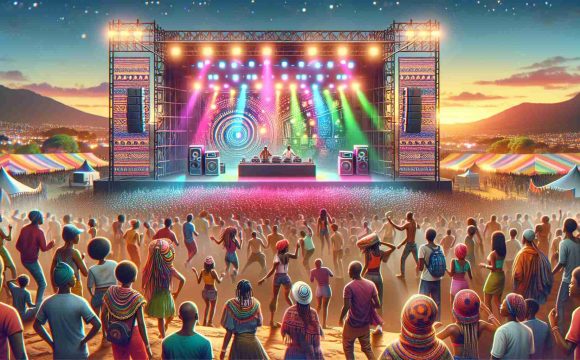 Create a highly detailed and realistic image of a music festival setting in South Africa. Picture a vibrant scene with people of diverse descents dancing to the beat, multi-colored stage lights illuminating the evening sky, and a DJ onstage spinning tracks. The crowd is buzzing with excitement, and music fills the air.